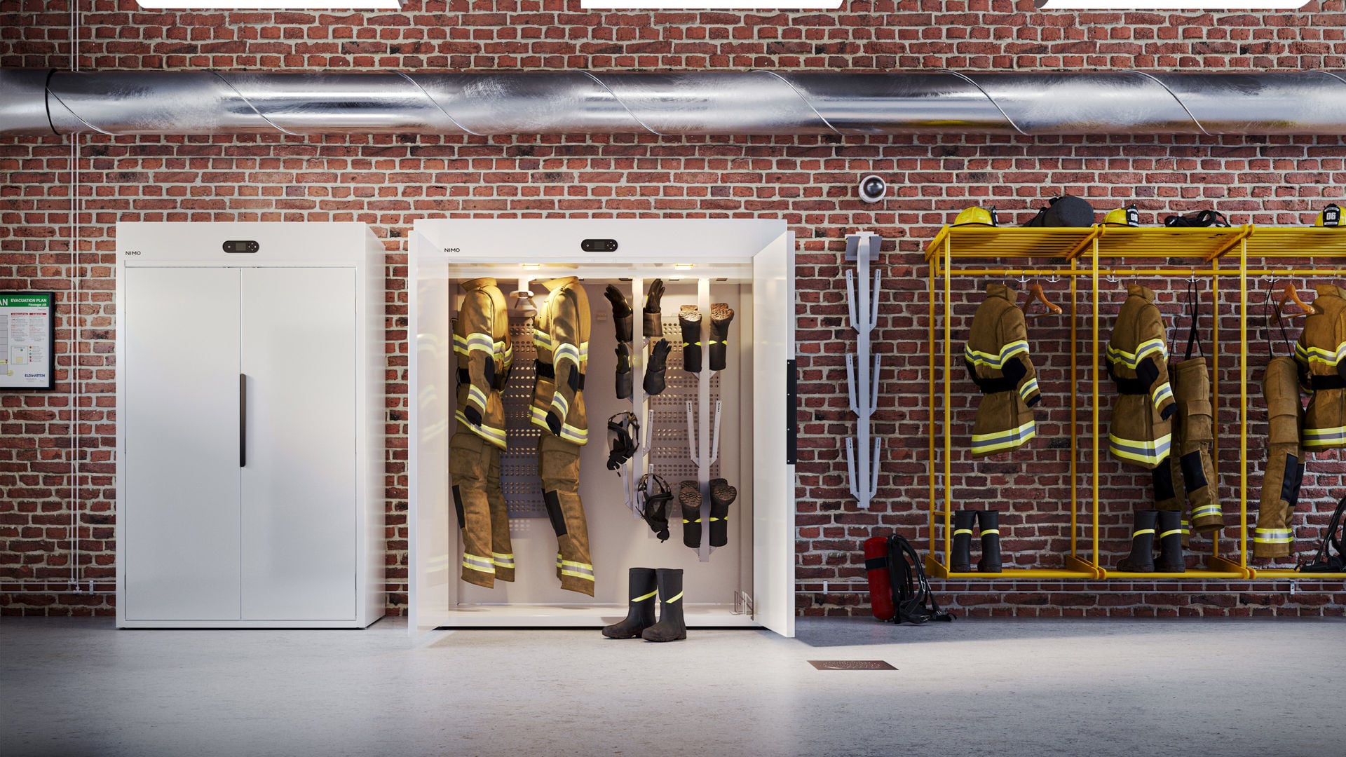 NIMO Trockenschränke mit Feuerwehr-Einsatzkleidung in einer Feuerwache